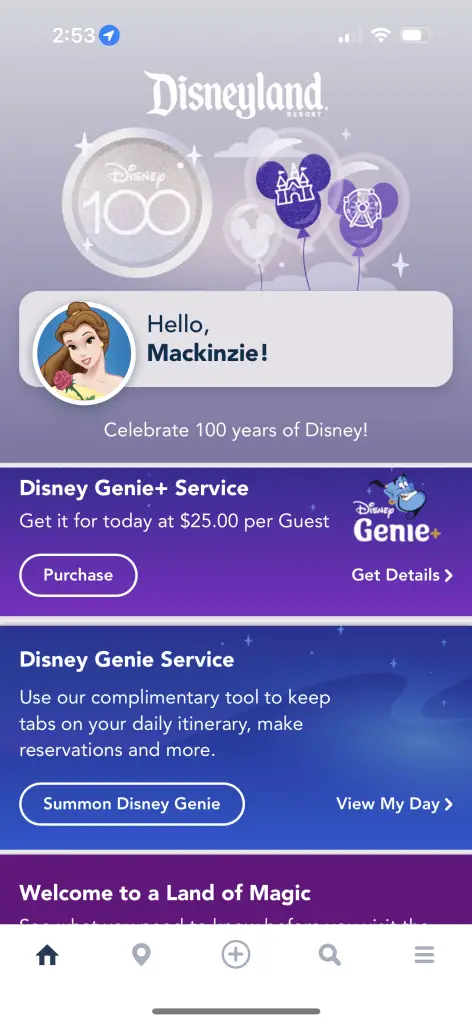 Disney genie plus app home screen