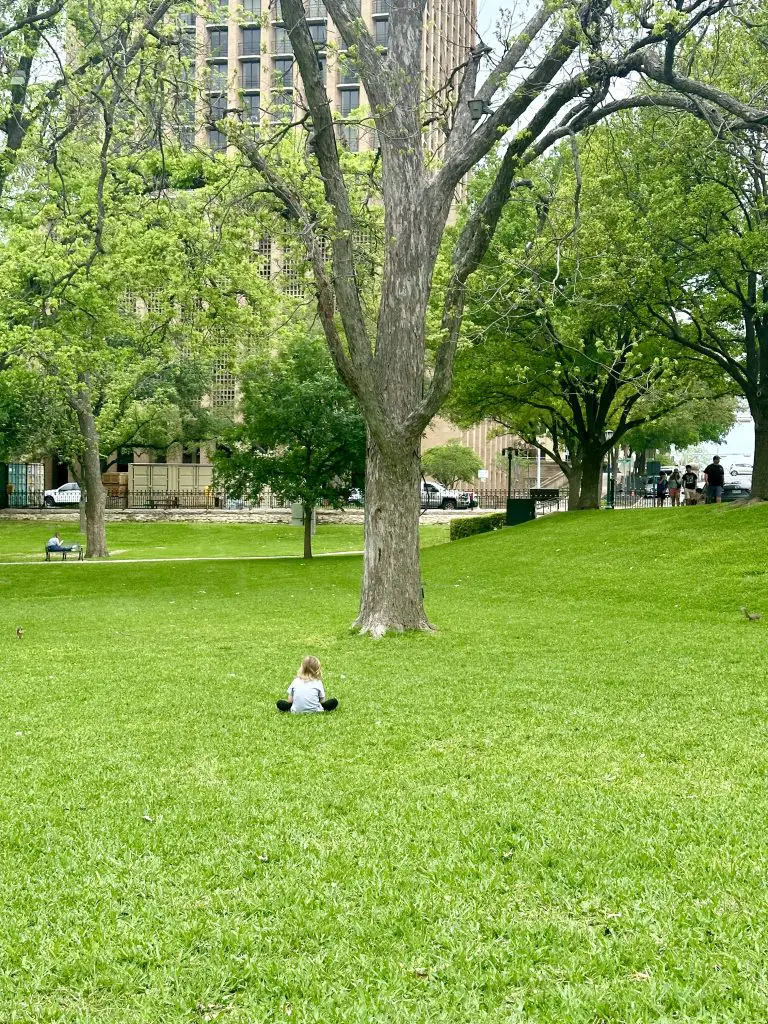 Sitting in the grass at Texas State Capitol